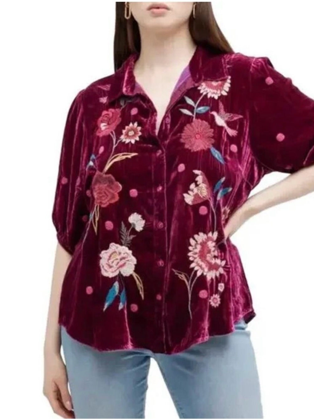 Johnny Was Women's Embroidered Velvet Button-Down Shirt in Wine